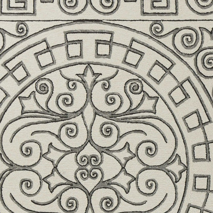 8' Gray And Ivory Round Damask Indoor Outdoor Area Rug