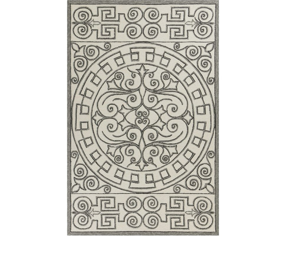 5' X 8' Gray And Ivory Damask Indoor Outdoor Area Rug