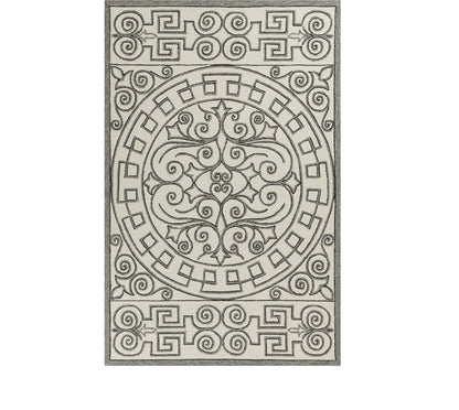 8' Gray And Ivory Round Damask Indoor Outdoor Area Rug