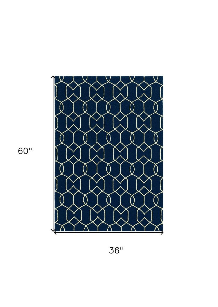 3' X 5' Navy Blue And Ivory Geometric Hand Hooked Area Rug