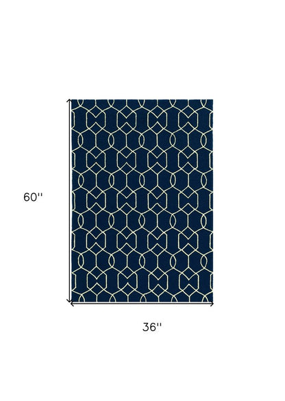 3' X 5' Navy Blue And Ivory Geometric Hand Hooked Area Rug
