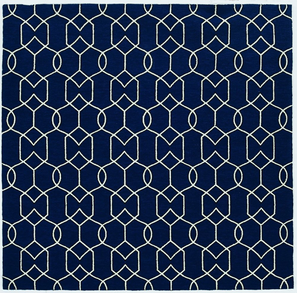 3' X 5' Navy Blue And Ivory Geometric Hand Hooked Area Rug