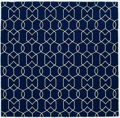 3' X 5' Navy Blue And Ivory Geometric Hand Hooked Area Rug