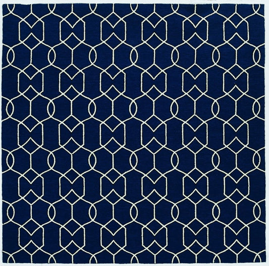 3' X 5' Navy Blue And Ivory Geometric Hand Hooked Area Rug