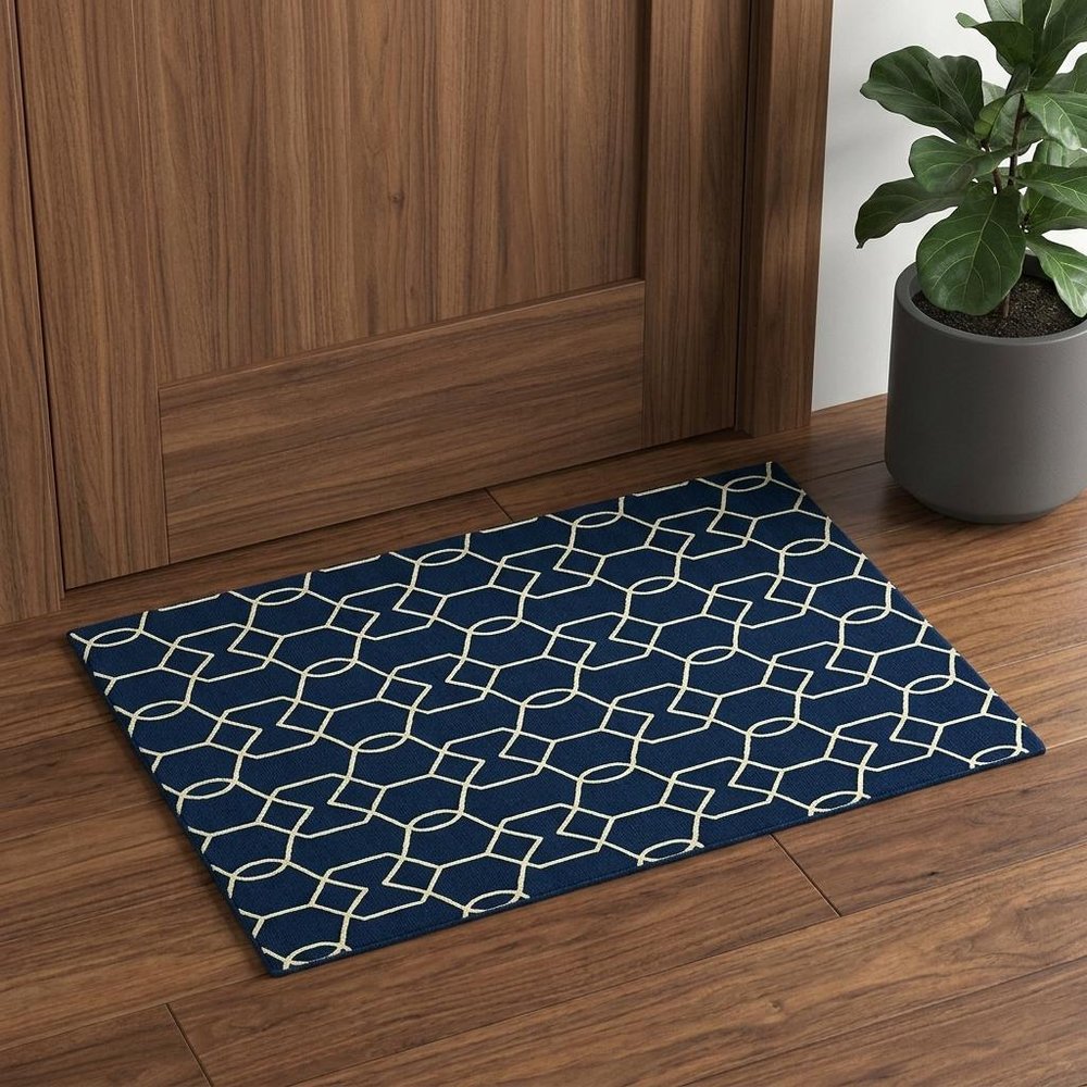3' X 5' Navy Blue And Ivory Geometric Hand Hooked Area Rug