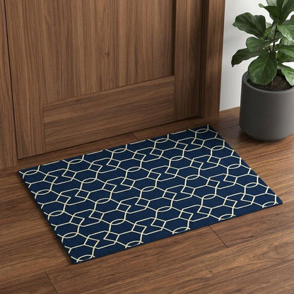 3' X 5' Navy Blue And Ivory Geometric Hand Hooked Area Rug
