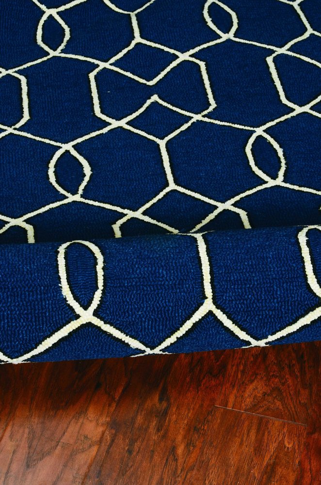 3' X 5' Navy Blue And Ivory Geometric Hand Hooked Area Rug