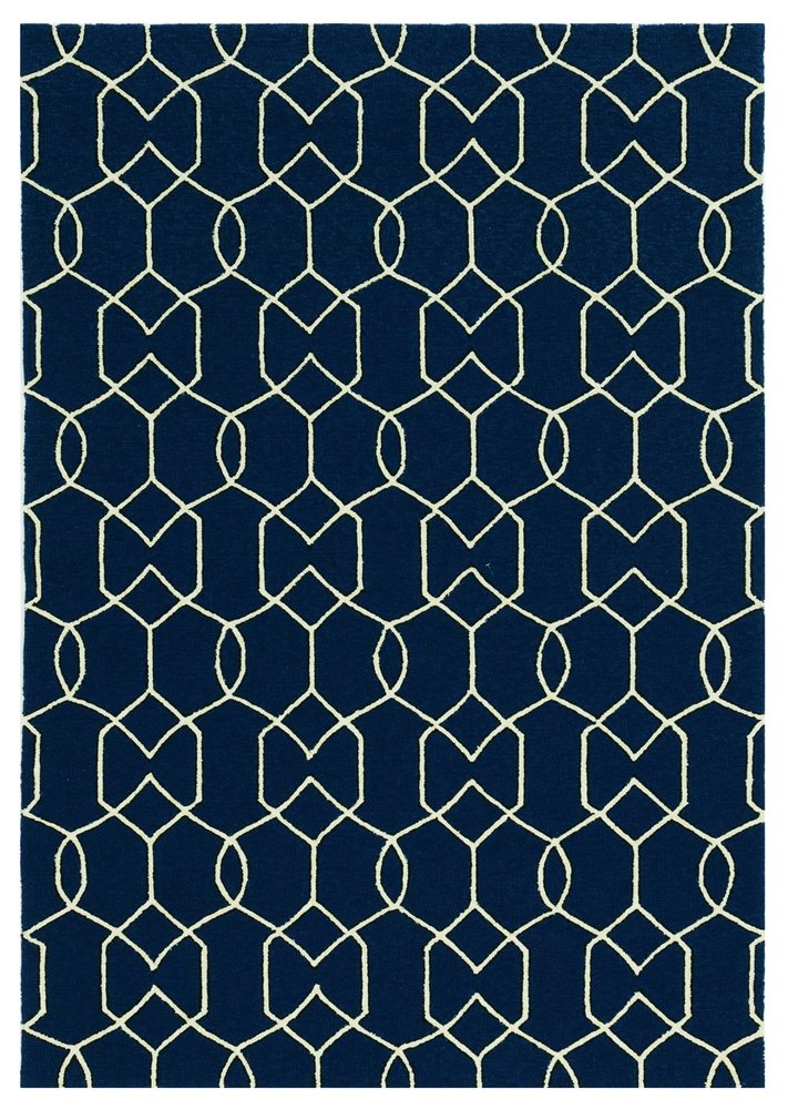 3' X 5' Navy Blue And Ivory Geometric Hand Hooked Area Rug