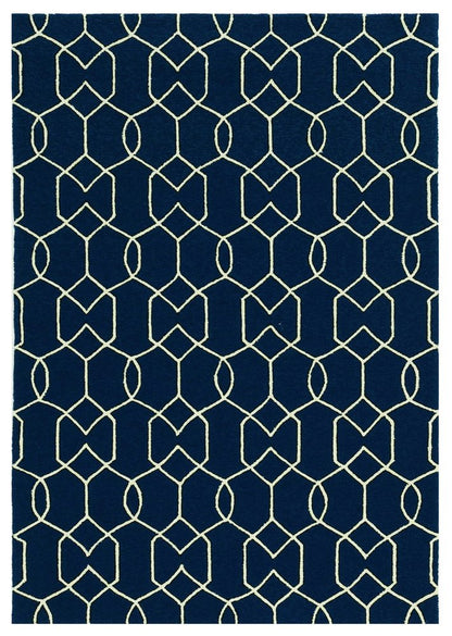 3' X 5' Navy Blue And Ivory Geometric Hand Hooked Area Rug