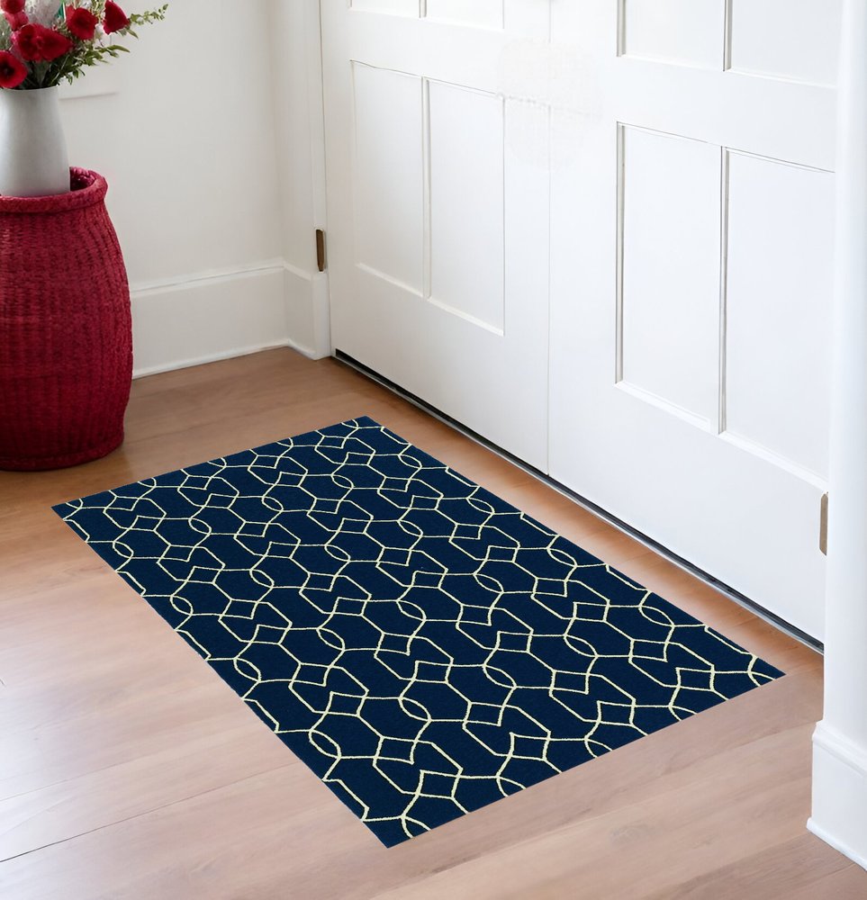 3' X 5' Navy Blue And Ivory Geometric Hand Hooked Area Rug