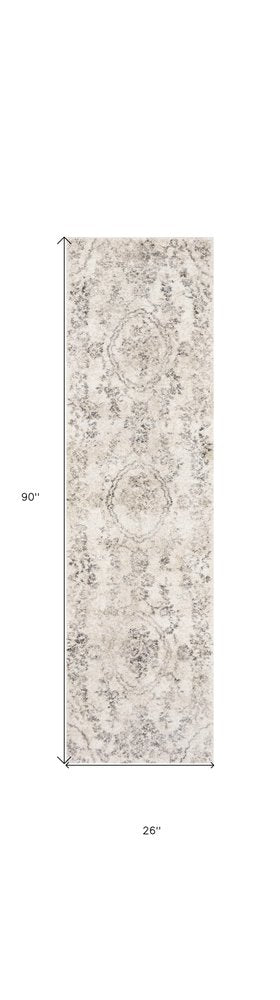 7' Gray And Tan Floral Distressed Runner Rug
