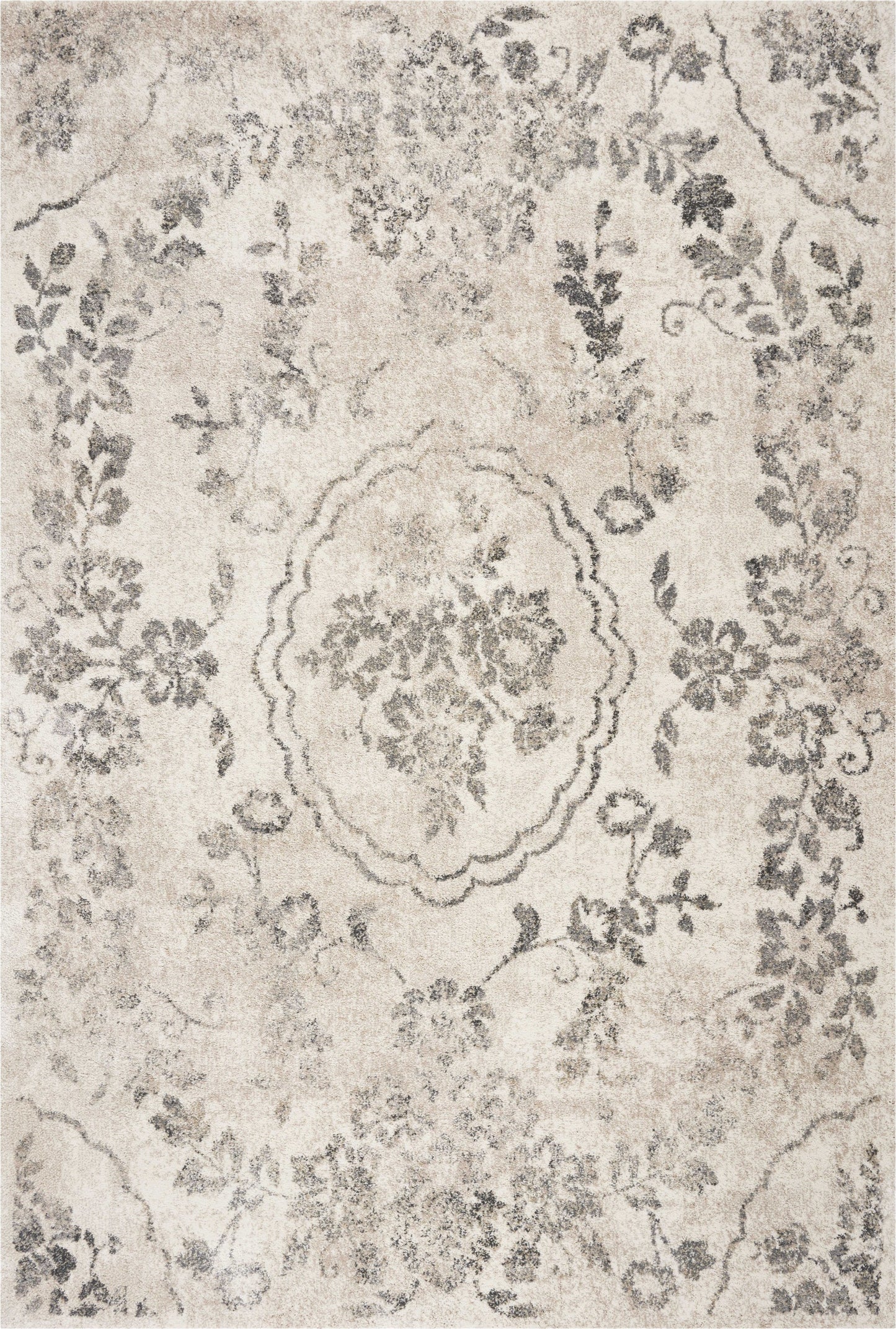 7' Runner Gray Floral Distressed Runner Rug