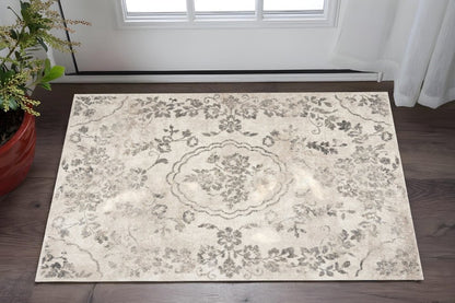 7' Gray And Tan Floral Distressed Runner Rug