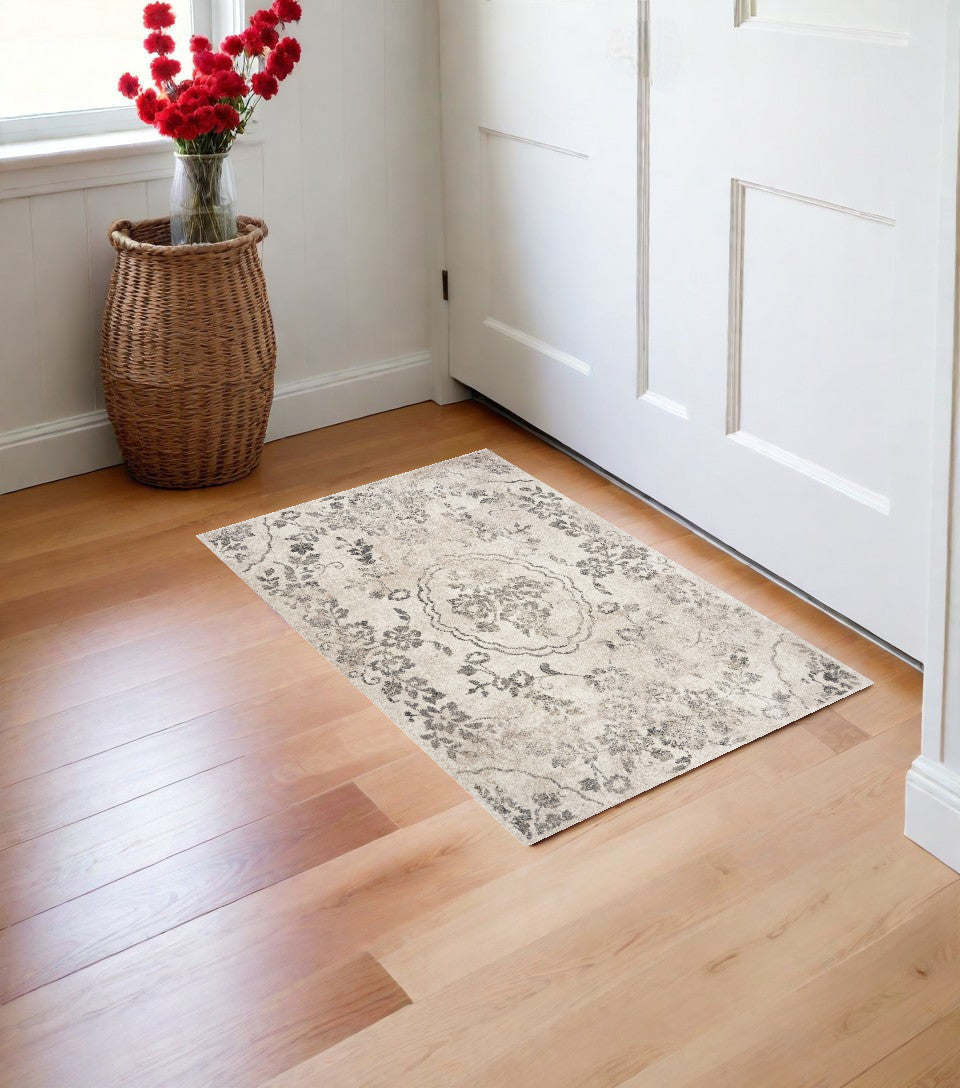 7' Runner Gray Floral Distressed Runner Rug