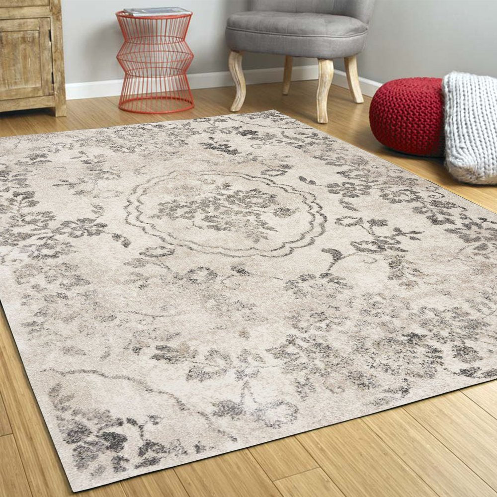 7' Gray And Tan Floral Distressed Runner Rug