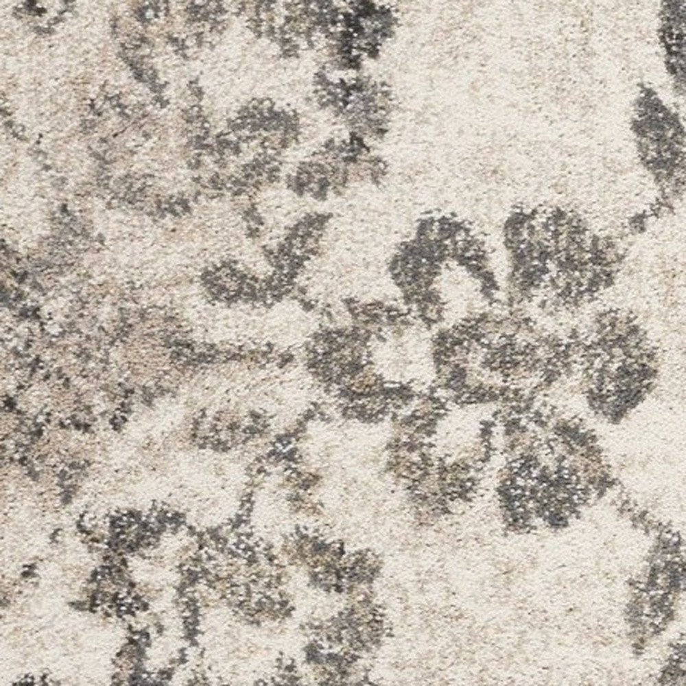 7' Gray And Tan Floral Distressed Runner Rug