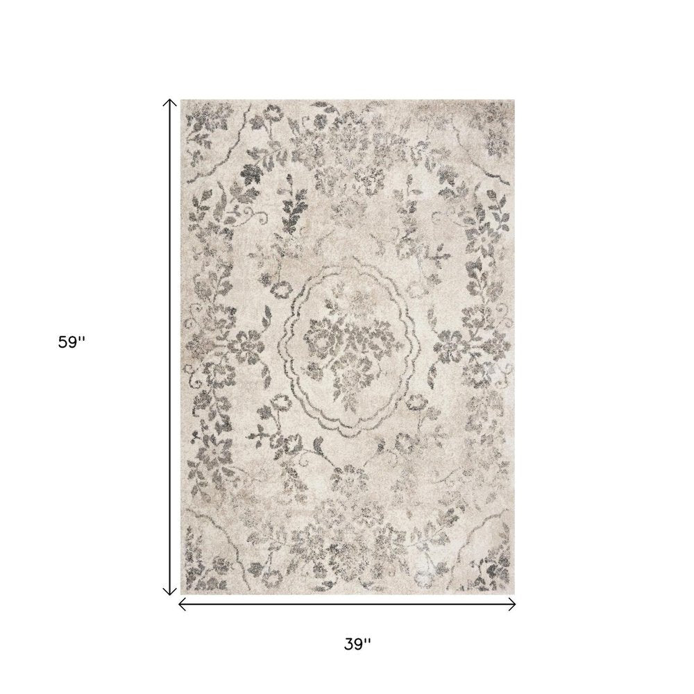 7' Gray And Tan Floral Distressed Runner Rug