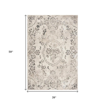 7' Gray And Tan Floral Distressed Runner Rug