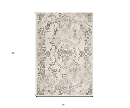 7' Runner Gray Floral Distressed Runner Rug