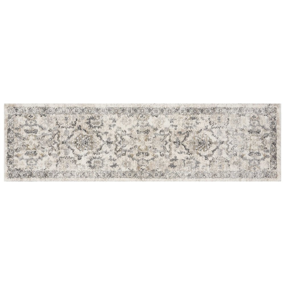 7' Ivory And Gray Floral Medallion Distressed Runner Rug