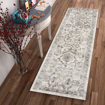 7' Ivory And Gray Floral Medallion Distressed Runner Rug