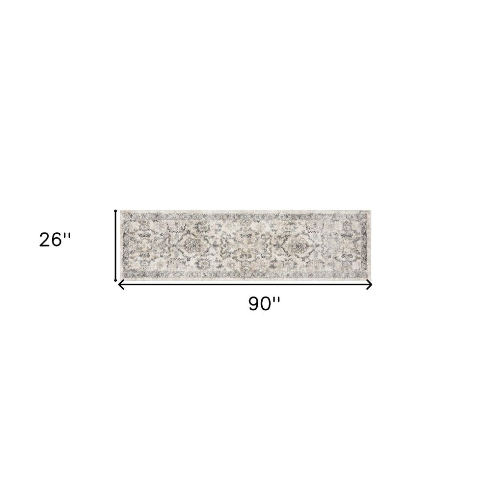 7' Ivory And Gray Floral Medallion Distressed Runner Rug