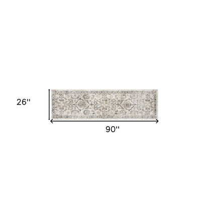 7' Ivory And Gray Floral Medallion Distressed Runner Rug