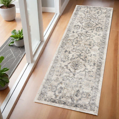 7' Ivory And Gray Floral Medallion Distressed Runner Rug