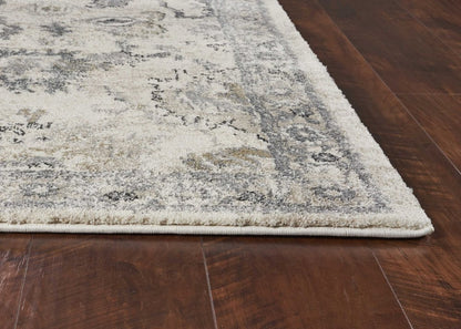 7' Ivory And Gray Floral Medallion Distressed Runner Rug