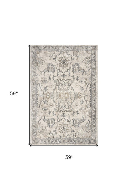 7' Ivory And Gray Floral Medallion Distressed Runner Rug