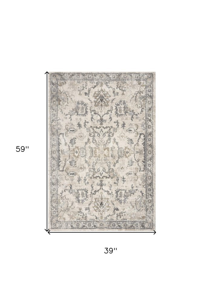3' X 5' Ivory And Gray Floral Medallion Distressed Area Rug