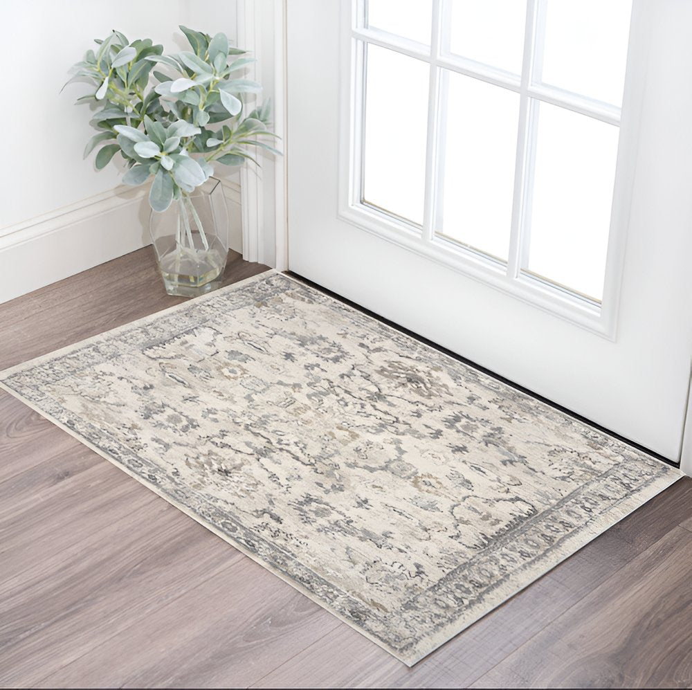 3' X 5' Ivory And Gray Floral Medallion Distressed Area Rug