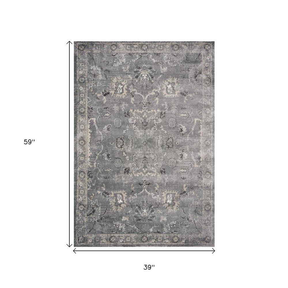 3' X 5' Gray And Light Gray Floral Medallion Area Rug