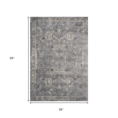 3' X 5' Gray And Light Gray Floral Medallion Area Rug