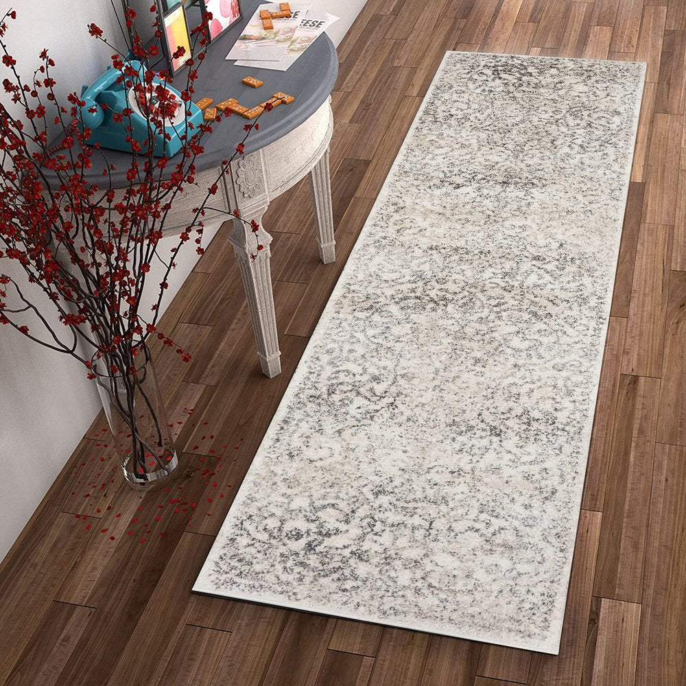8' Ivory And Brown Floral Medallion Runner Rug