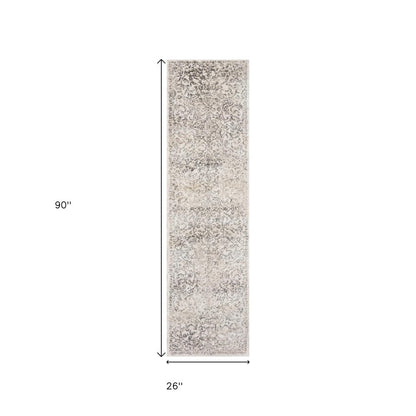 8' Ivory And Brown Floral Medallion Runner Rug