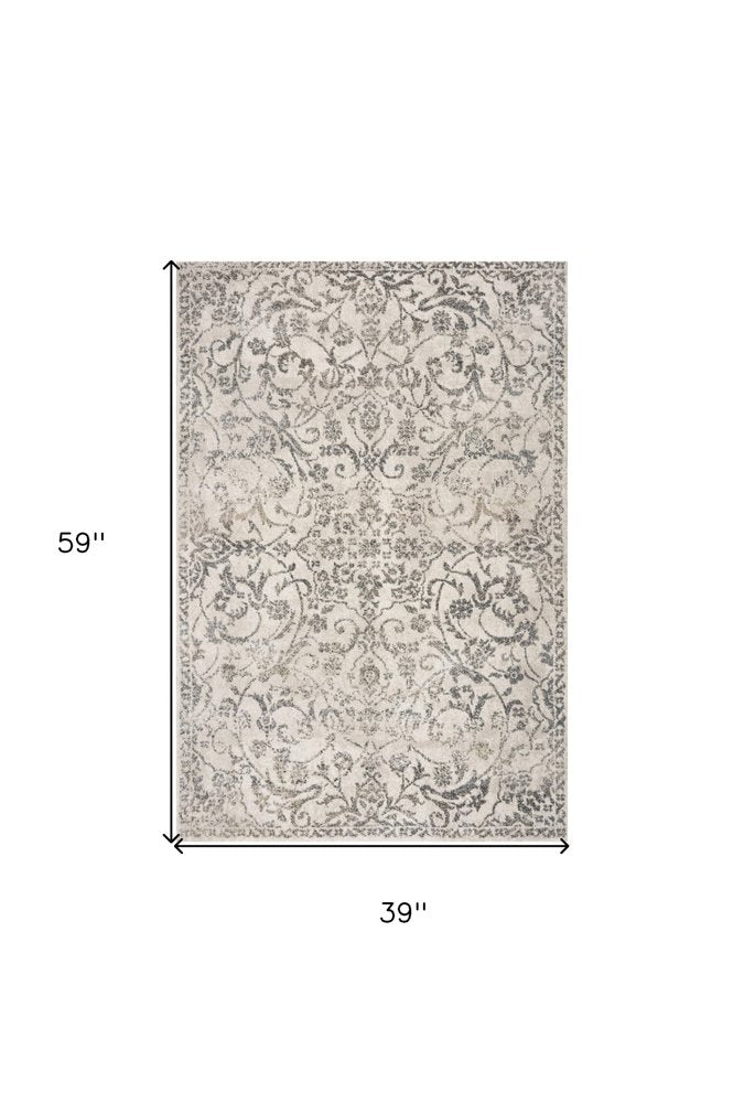 3' X 5' Ivory And Brown Floral Medallion Distressed Area Rug