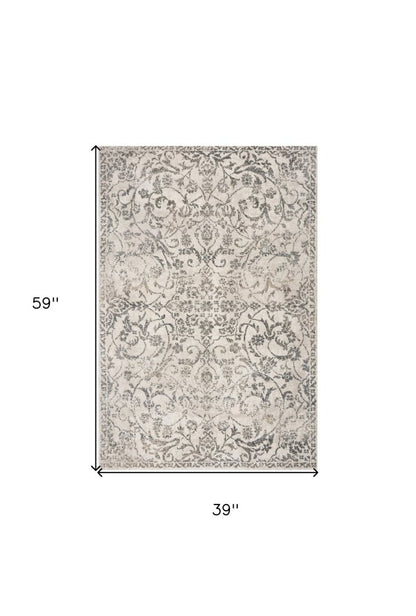 3' X 5' Ivory And Brown Floral Medallion Distressed Area Rug