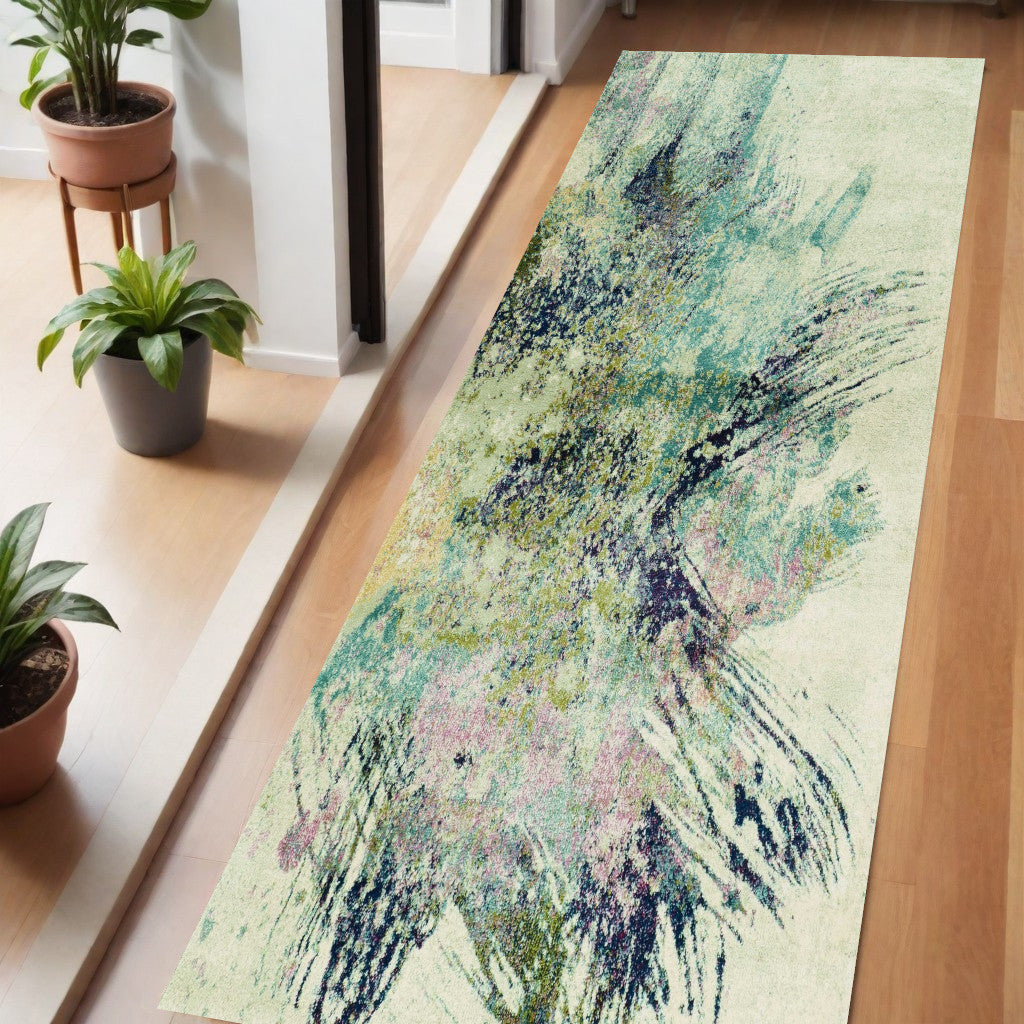 7' Ivory Machine Woven Abstract Splatter Indoor Runner Rug