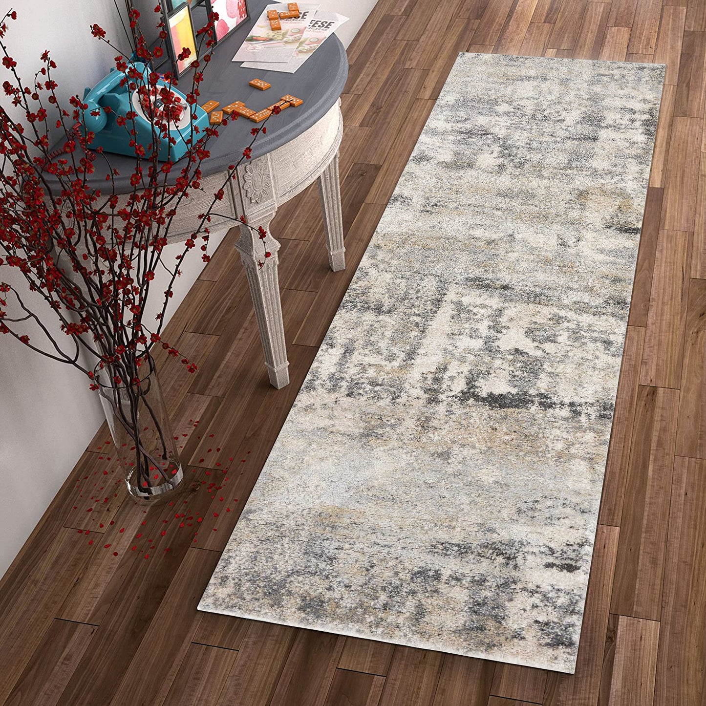 7' Natural Abstract Runner Rug