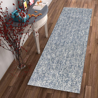 8' Slate Blue And Ivory Abstract Shag Hand Woven Runner Rug