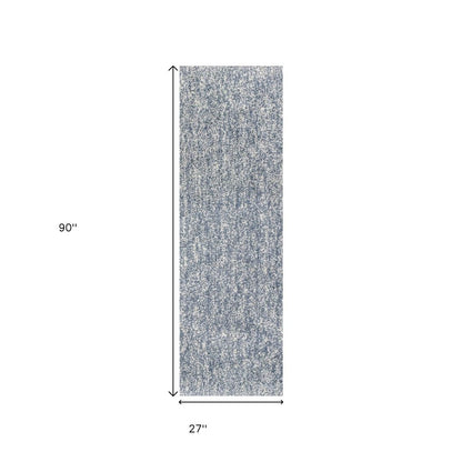 8' Slate Blue And Ivory Abstract Shag Hand Woven Runner Rug