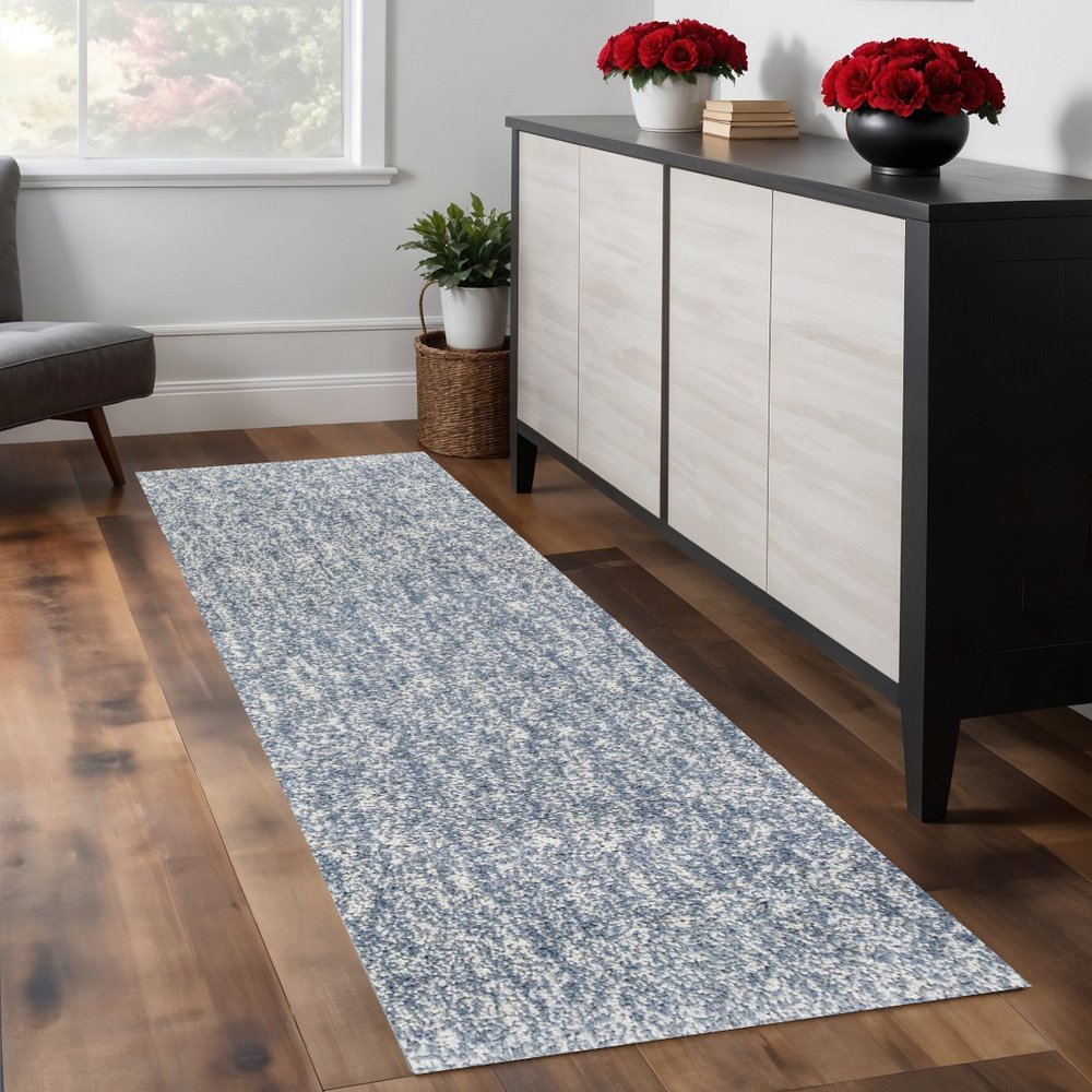 8' Slate Blue And Ivory Abstract Shag Hand Woven Runner Rug