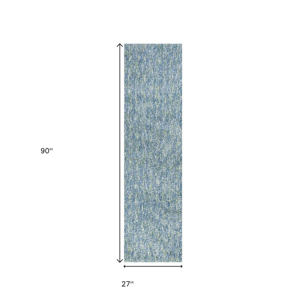 8' Blue And White Abstract Shag Hand Woven Runner Rug