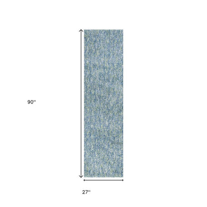 8' Blue And White Abstract Shag Hand Woven Runner Rug