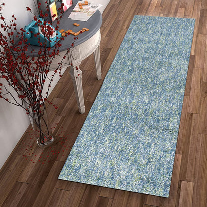 8' Blue And White Abstract Shag Hand Woven Runner Rug