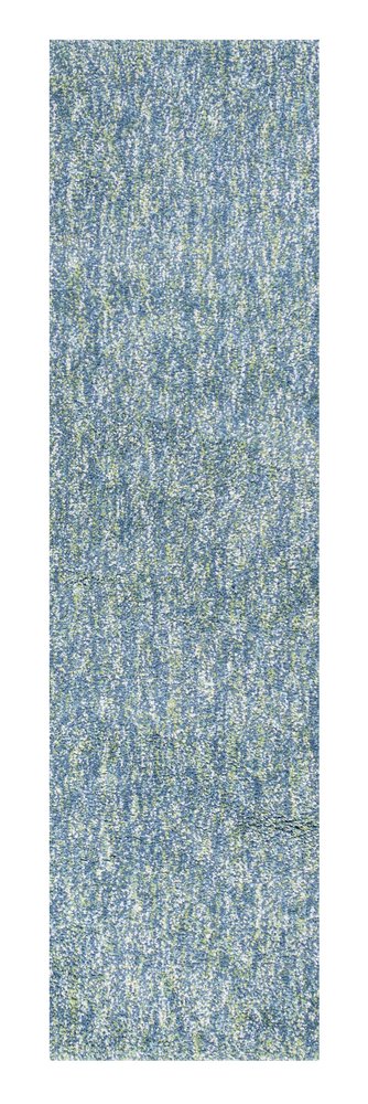 8' Blue And White Abstract Shag Hand Woven Runner Rug