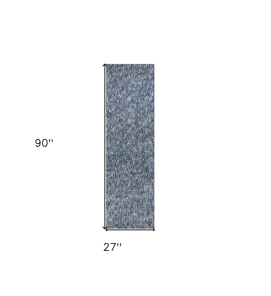 8' Indigo And Ivory Abstract Shag Hand Woven Runner Rug