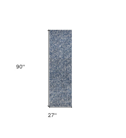 8' Indigo And Ivory Abstract Shag Hand Woven Runner Rug