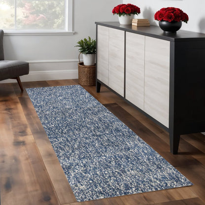 8' Indigo And Ivory Abstract Shag Hand Woven Runner Rug